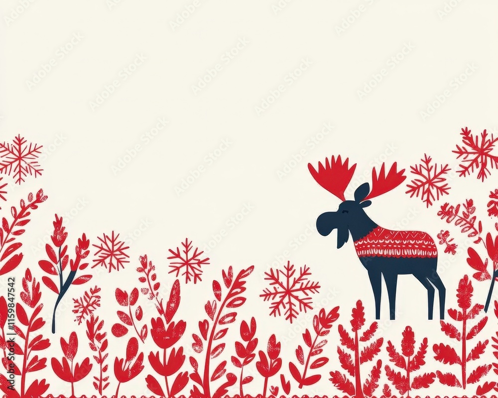 A whimsical design featuring a moose among red floral and snowflake patterns.