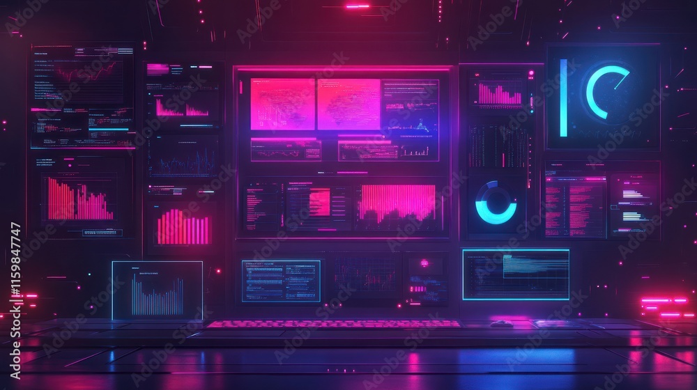 Futuristic control room with glowing monitors displaying data. Futuristic control room with glowing monitors displaying data.