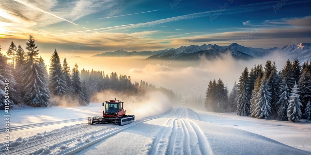 Snow groomer tracks on a ski slope in the morning fog, with gentle snowfall and misty atmosphere, surrounded by pine trees and mountain peaks , winter landscape, mountain scenery Snow groomer tracks on a ski slope in the morning fog, with gentle snowfall and misty atmosphere, surrounded by pine trees and mountain peaks , winter landscape, mountain scenery