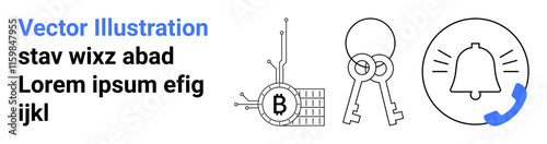 Three icons Bitcoin mining machine, two keys, ringing bell with phone symbol accompanied by placeholder text. Ideal for fintech, security, communication, app design, blockchain, technology