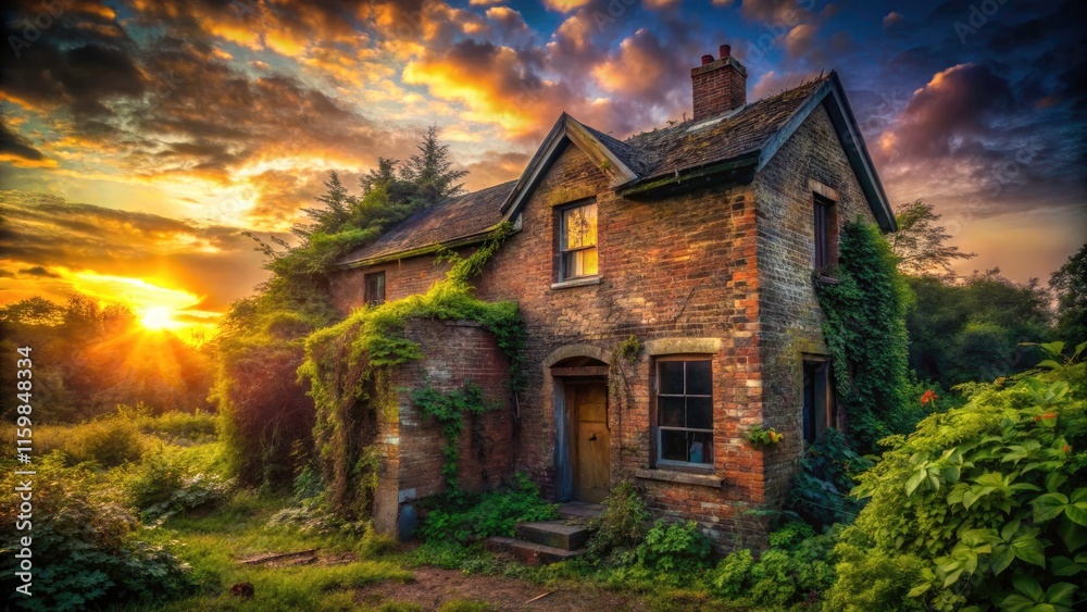 Silhouette of a Crumbling Brick House with Empty Windows and a Broken Door Surrounded by Nature in an Abandoned Setting Silhouette of a Crumbling Brick House with Empty Windows and a Broken Door Surrounded by Nature in an Abandoned Setting