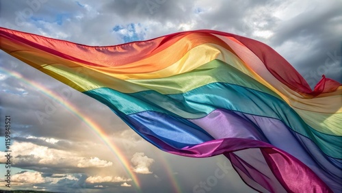 Vibrant rainbow flag waving against a dramatic cloudy sky with double rainbow
