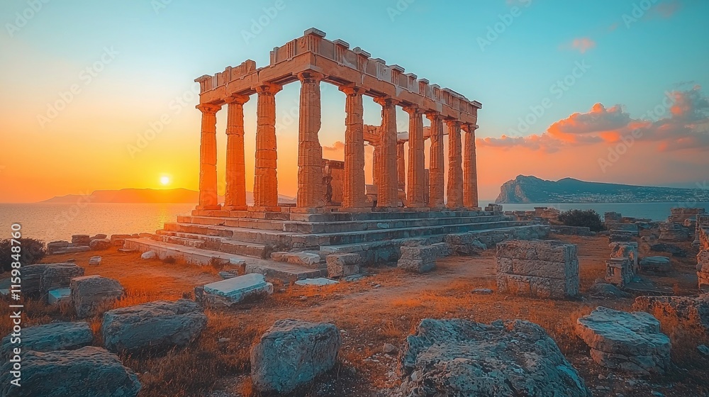 Fototapeta premium Ancient temple ruins at sunset, showcasing classical architecture and scenic landscape.