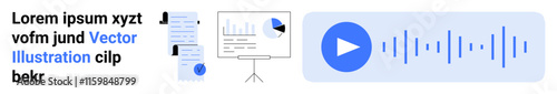 Documents, bar charts, pie chart on a whiteboard, audio playback waveform, and play button. Ideal for presentations, education, training, webinars, tutorials, business analysis, media projects