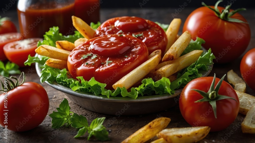 A plate of fries topped with ketchup and fresh tomatoes, garnished with lettuce. A plate of fries topped with ketchup and fresh tomatoes, garnished with lettuce.