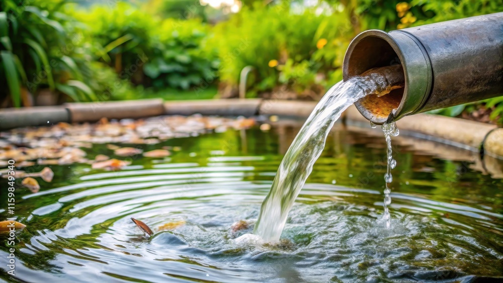 Clean water flowing from a pipe after being filtered in a fish pond, water, flowing, pipe, clean, filtered, fish pond Clean water flowing from a pipe after being filtered in a fish pond, water, flowing, pipe, clean, filtered, fish pond