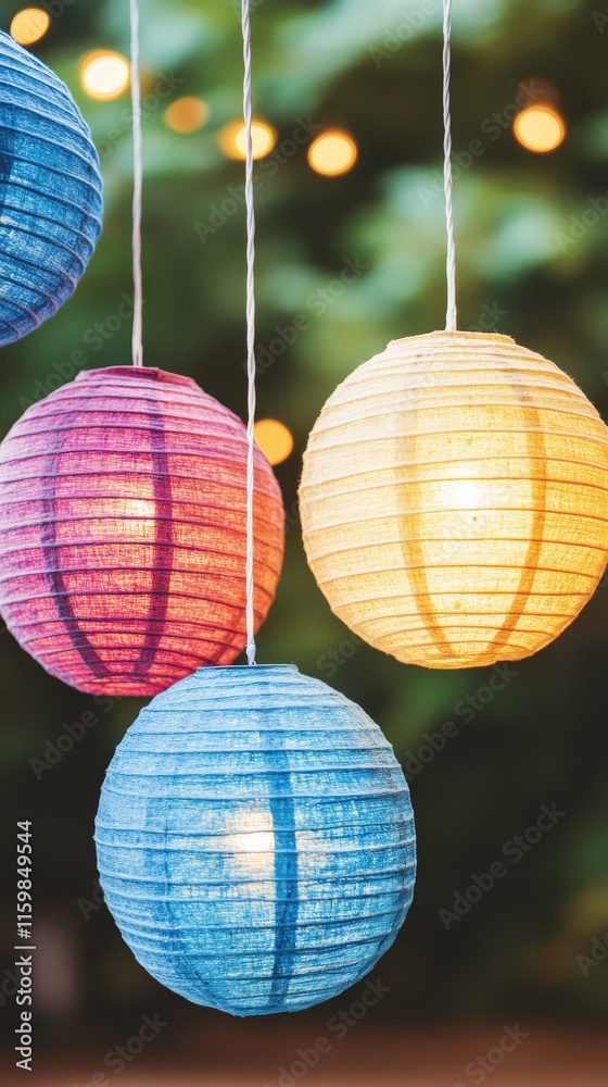 Obraz premium Colorful paper lanterns hanging, creating a festive atmosphere.