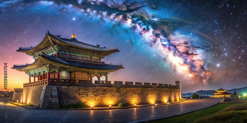 Obraz premium Historic Hwaseong Fortress under the Milky Way Galaxy in Seoul, South Korea, Hwaseong Fortress, Milky Way Galaxy