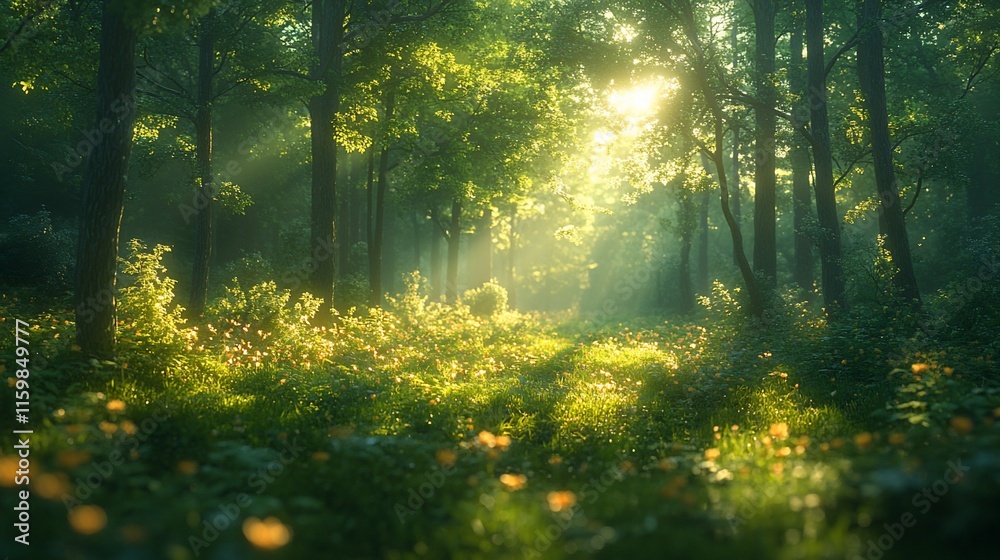 Obraz premium Sunlit Forest Path With Lush Green Foliage and Flowers