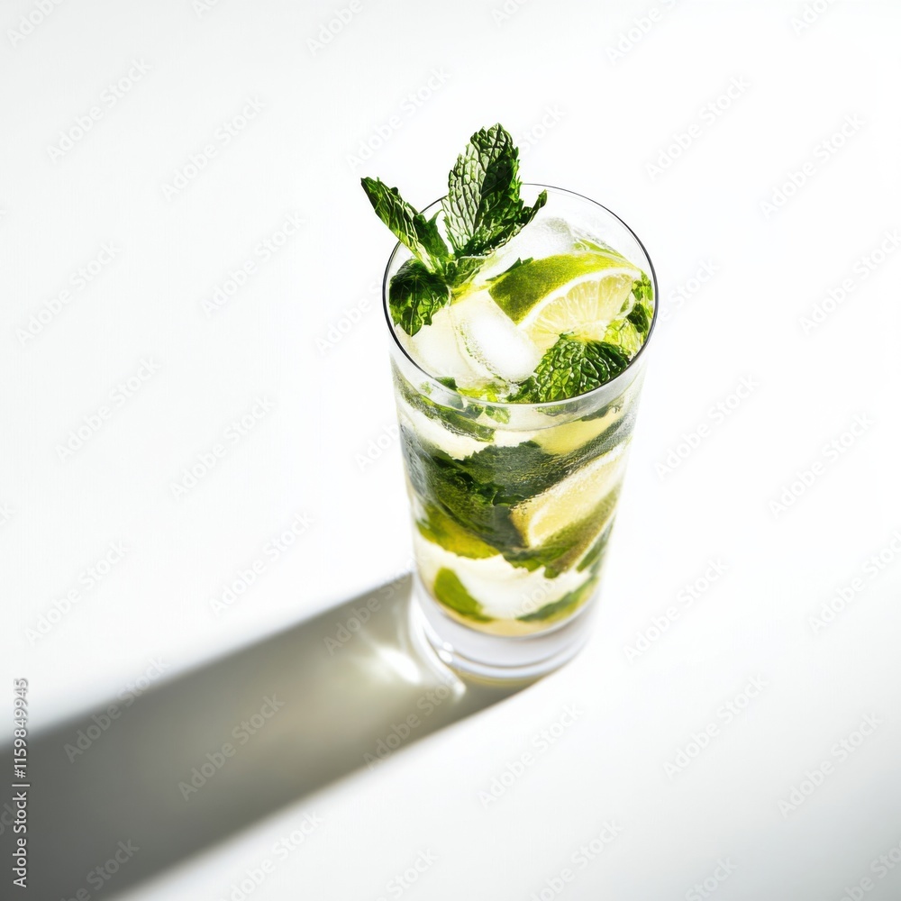 Classic mojito in a glass. Featuring mint leaves and lime wedges Classic mojito in a glass. Featuring mint leaves and lime wedges