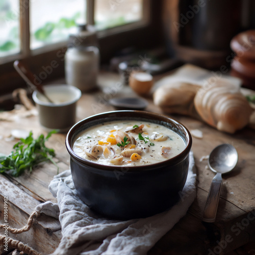 Plakat w ramie clam chowder and rustic kitchen