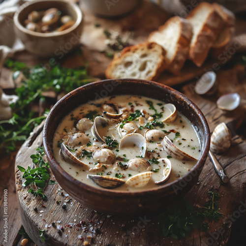 Plakat w ramie clam chowder and rustic table