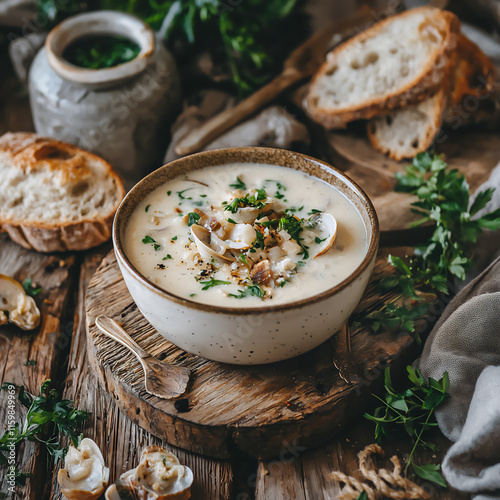 Plakat w ramie clam chowder and rustic table