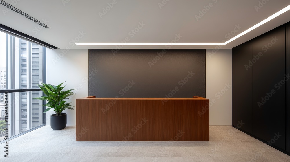 Modern office reception area with wooden desk and plant. Modern office reception area with wooden desk and plant.