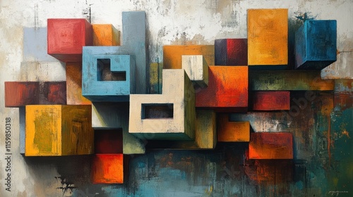 Abstract Cubist Composition: Interlocking Geometric Forms in Vibrant Hues photo