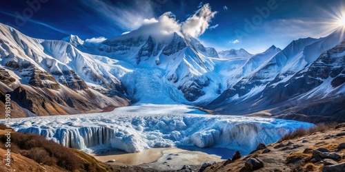 Stunning Minimalist View of Gangapurna Glacier with Avalanche in the Himalayas, Nepal - Breathtaking Landscape Photography of Natural Wonders and Mountain Scenery photo