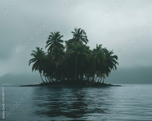 Serene tropical island shrouded in mist, lush palm trees, tranquil ocean, moody atmosphere.  Perfect for travel, vacation, or relaxation themes. photo