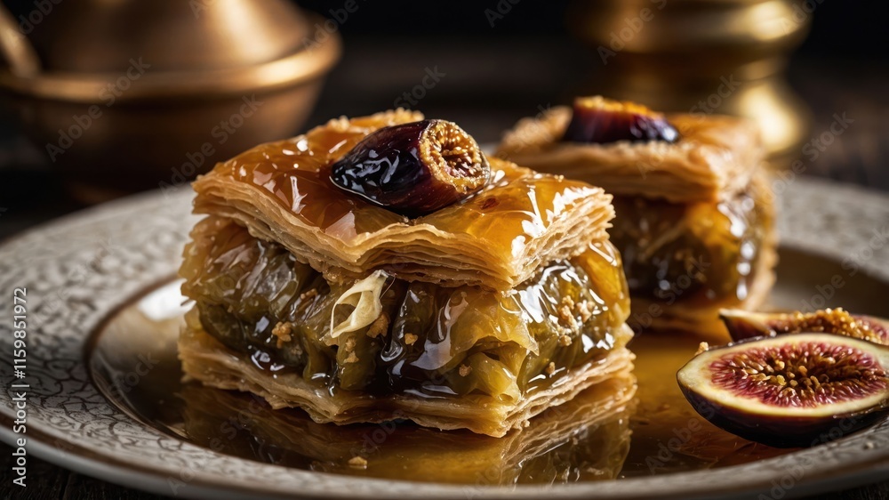 A close-up of two pieces of baklava topped with figs, served on an ornate plate. A close-up of two pieces of baklava topped with figs, served on an ornate plate.