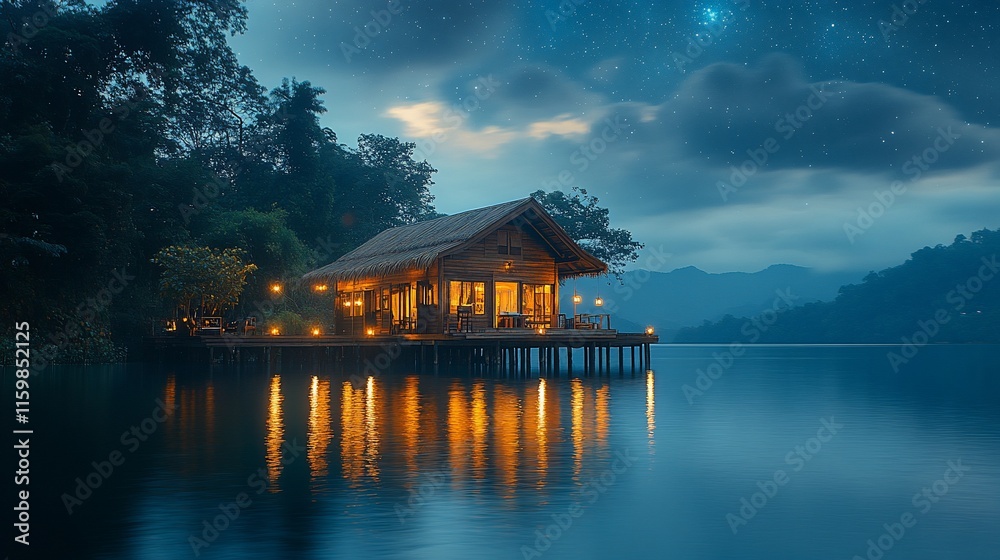 Fototapeta premium Lakeside Cabin Illuminated Under Night Sky