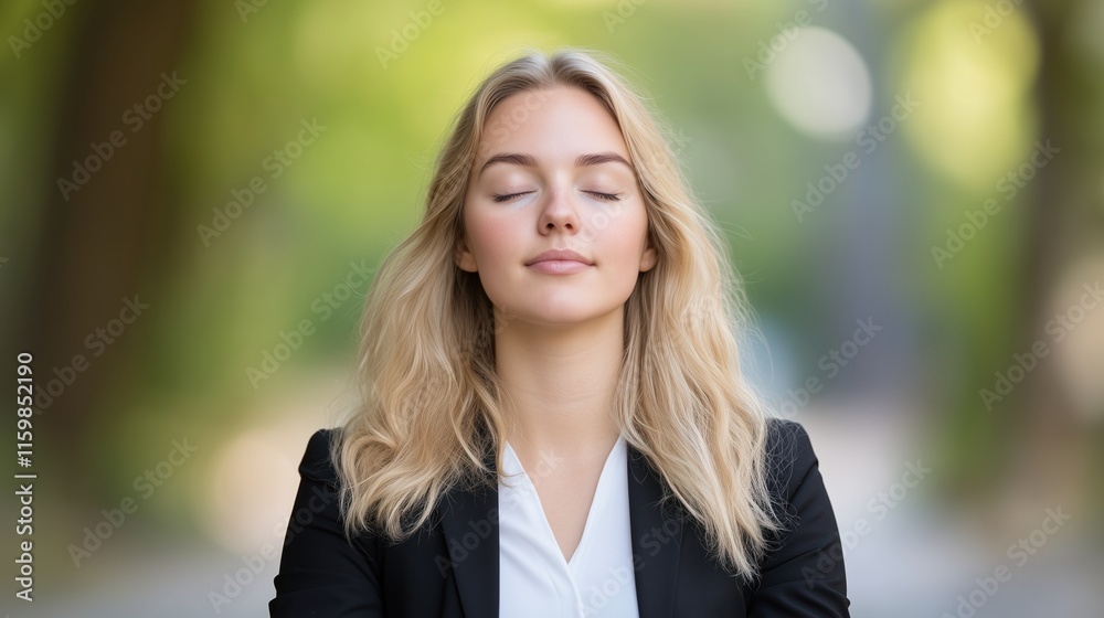Confident Businesswoman Meditating Outdoors Amid City Street Hustle Finding Calm and Focus Urban Mindfulness