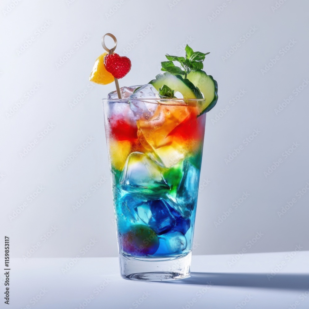 Colorful cocktail in a highball glass. Featuring a colorful garnish and ice Colorful cocktail in a highball glass. Featuring a colorful garnish and ice