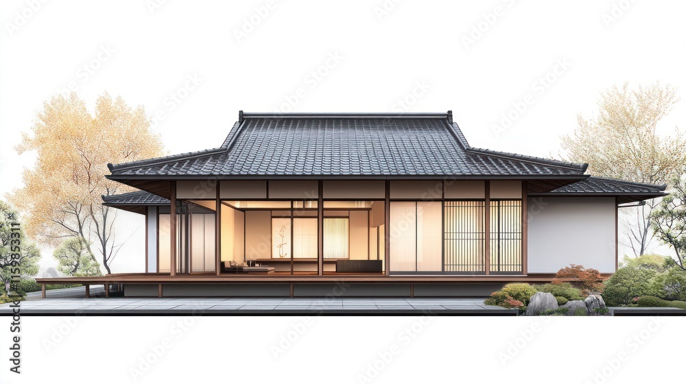 Modern Japanese house with garden, minimalist design. Modern Japanese house with garden, minimalist design.