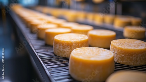 Round artisan cheese wheels aging on racks in a modern cheese factory, showcasing the art of cheese production and the dedication of skilled cheesemakers developing unique flavors. photo