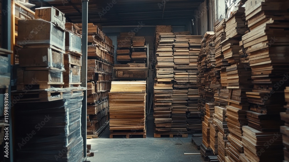 Stacked pine wood planks in a factory, showcasing storage and organization of wooden materials Stacked pine wood planks in a factory, showcasing storage and organization of wooden materials