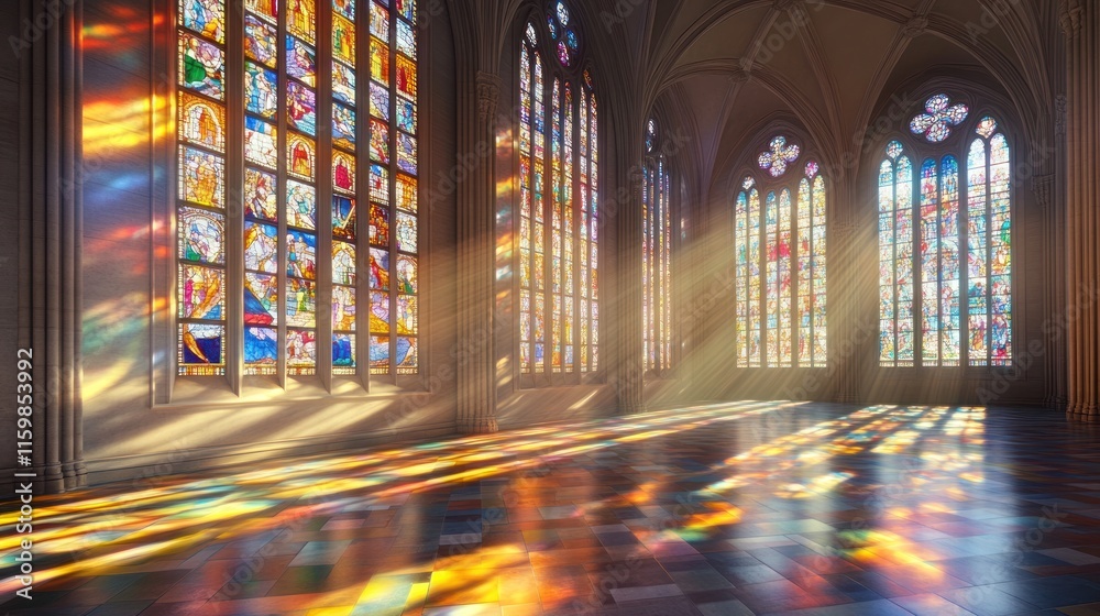 Stained glass window church with beautiful sunlight