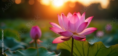 Pink lotus flower blooms beautifully in pond at sunset. Water lilies, green leaves surround vibrant blossom. Serene, peaceful scene. Stunning natural beauty. Perfect for nature lovers, garden design