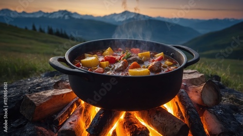 A pot of stew simmering over a campfire in a mountainous landscape at sunset. photo