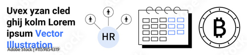 HR icon with connected people, calendar with grid, Bitcoin symbol in a coin. Ideal for HR, cryptocurrency, scheduling, business management, finance, digital currency, and blockchain concepts. Landing