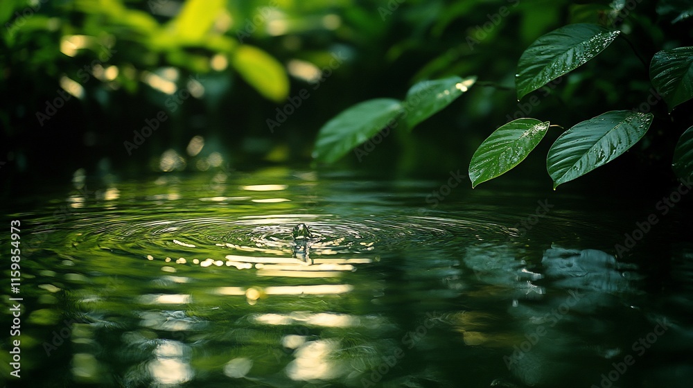 Water droplet ripples on still pond amongst lush green leaves Water droplet ripples on still pond amongst lush green leaves