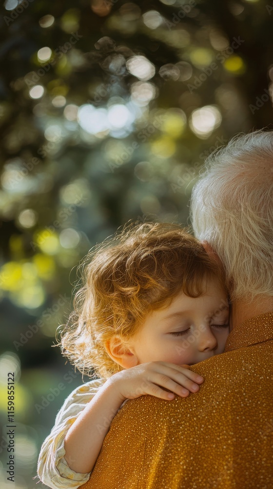 Young Child Resting on Elder's Shoulder in Nature Young Child Resting on Elder's Shoulder in Nature