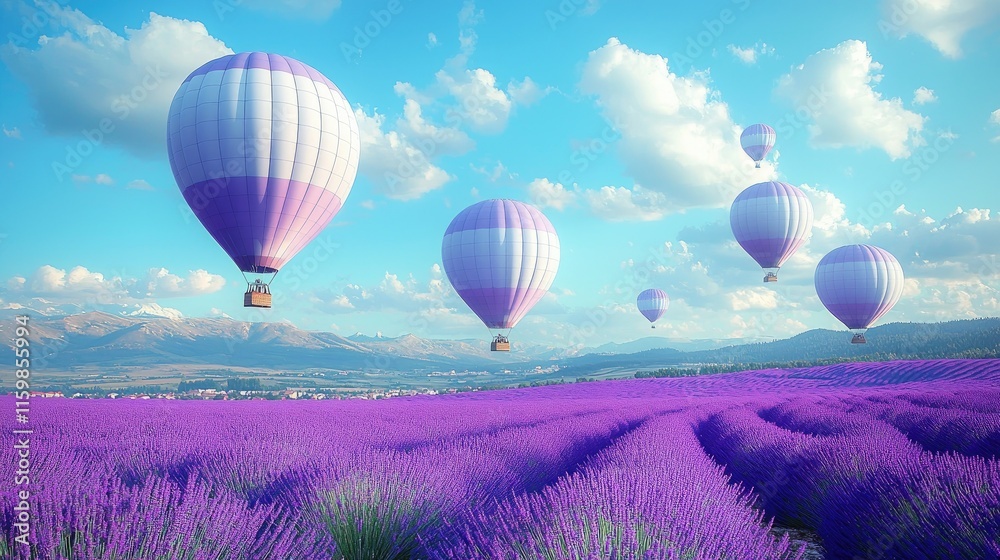 Fototapeta premium Colorful hot air balloons over a vibrant lavender field under a clear blue sky.