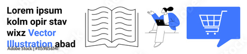 Lorem Ipsum placeholder text. Elements text, open book, person with laptop, shopping cart icon, blue speech bubble. Ideal for ecommerce, education, content creation, digital marketing, online stores
