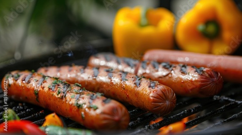 Close-up of grilled sausages on a barbecue grill with peppers.