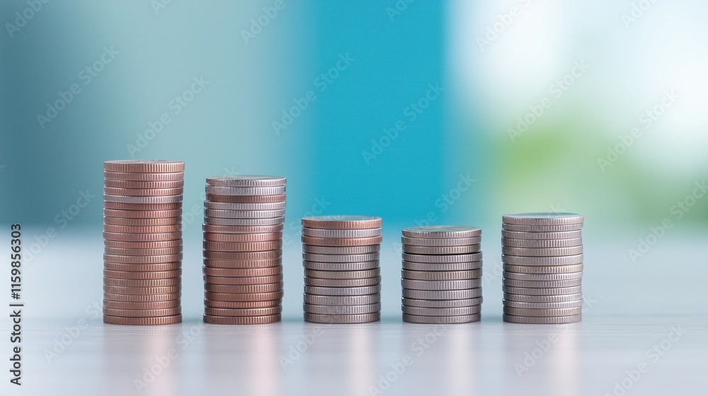 Stacks of Coins Growing Progressively Taller Symbolizing Financial Growth and Success in Business Investments and Economic Progress with a Blue and Green Gradient Background