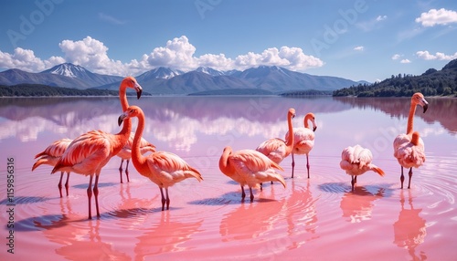  Flamingos standing in the pink waters of Las Coloradas. Their bright feathers blending harmoniously with the lake’s vivid hues. Tropical sky and natural beauty in the background.