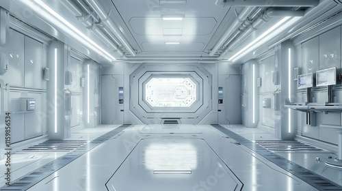 Fototapeta Naklejka Na Ścianę i Meble -  Futuristic sci-fi interior of a high-tech space station corridor with sleek metallic design, bright lighting, and advanced computer interfaces. Concept of innovation, technology, space exploration