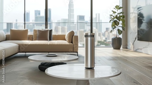 Sleek Silver Air Ionizer in Modern City Apartment Living Room Concept of Clean Air, Urban Living, Elegant Home Decor, and Health photo