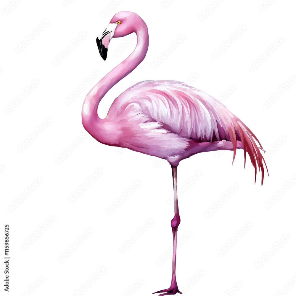 Obraz premium Graceful flamingo in pink watercolor strokes, standing elegantly, isolated in PNG transparent background