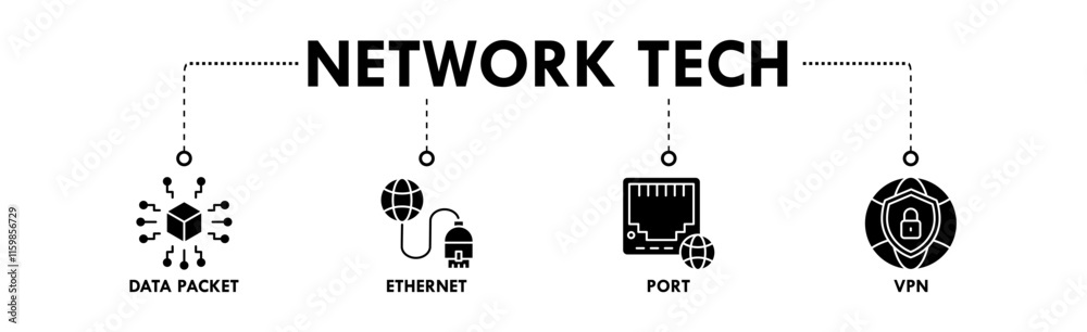 Network Technology banner web icon illustration concept with icon of data packet, ethernet, port, and vpn Network Technology banner web icon illustration concept with icon of data packet, ethernet, port, and vpn