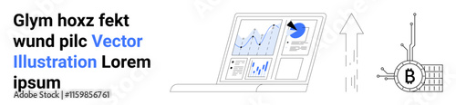 People analyzing data graphs and pie charts on a laptop. Bitcoin symbol with upward arrow Indicative charts. Ideal for financial trends, data analysis, cryptocurrency, stock markets, tech blogs