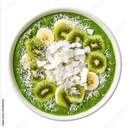 Colorful smoothie bowl topped with kiwi and coconut. Featuring a blend of spinach and banana