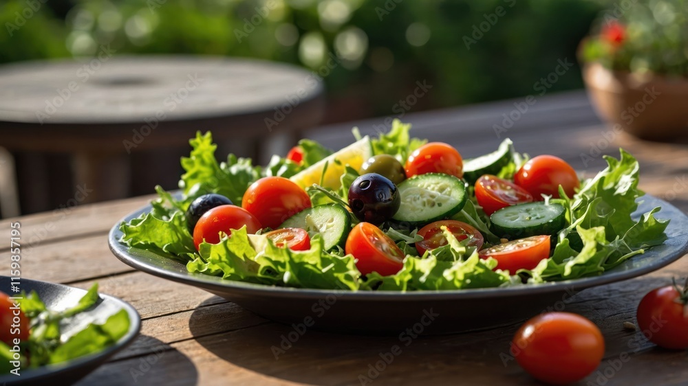 A vibrant salad with tomatoes, cucumbers, and lettuce, served outdoors on a wooden table. A vibrant salad with tomatoes, cucumbers, and lettuce, served outdoors on a wooden table.