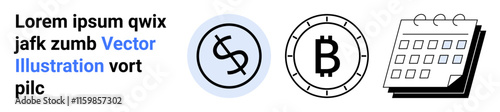 Dollar and bitcoin currency symbols, calendar represent finance, cryptocurrency, planning, and technology. Ideal for digital finance, investment, business planning, blockchain, and scheduling