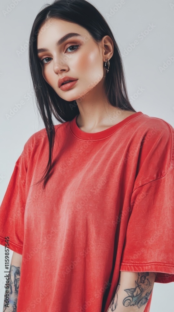 Fototapeta premium Young Woman in Pastel Coral T-Shirt