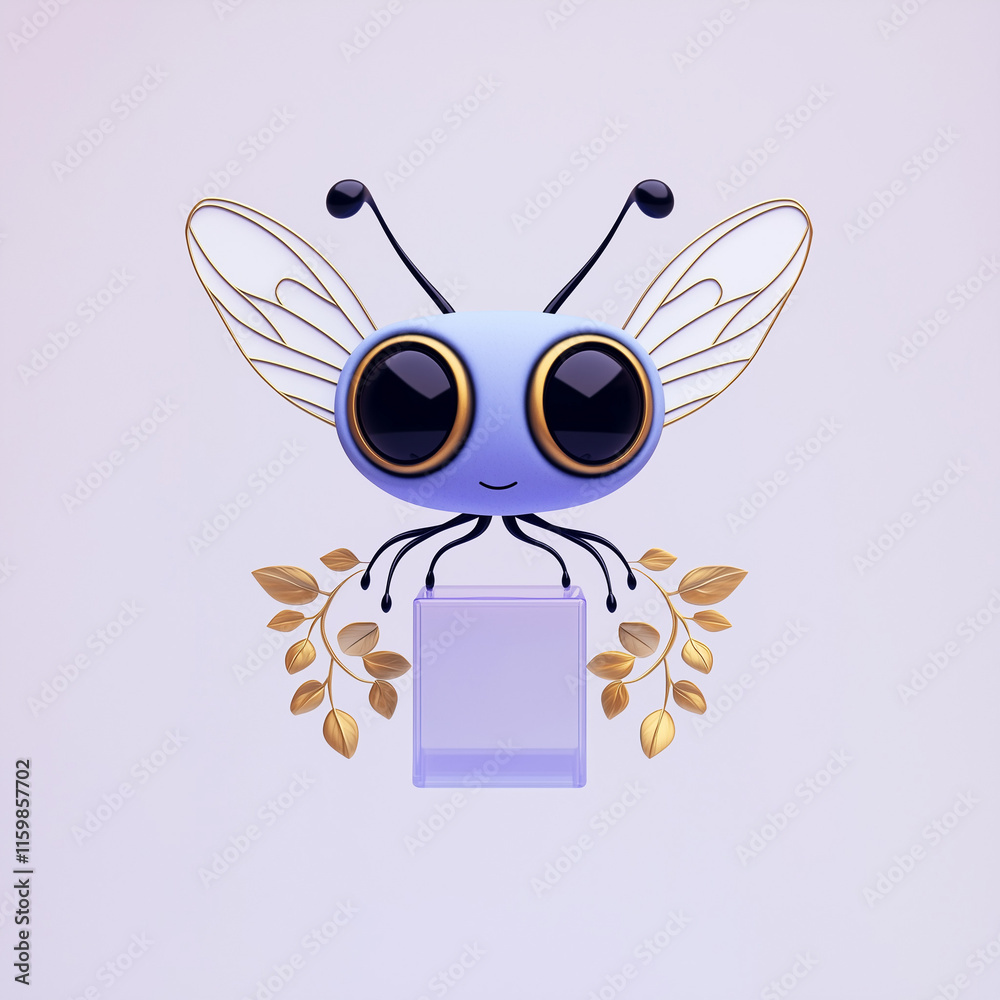 Obraz premium Adorable Insect with Golden Wings and Block, Minimalist Fantasy Character Art 