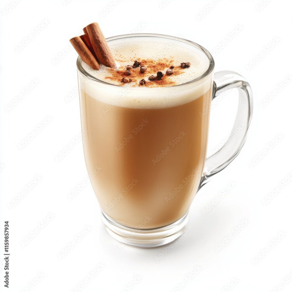 Cozy chai latte in a glass mug. Featuring spices and frothy milk Cozy chai latte in a glass mug. Featuring spices and frothy milk